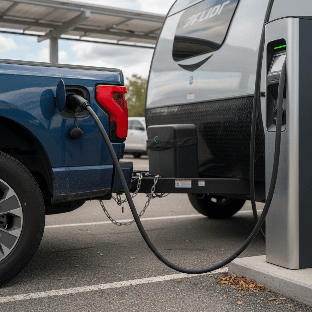 Ford F-150 Lightning towing a large travel trailer while plugged into a highway DC fast charger