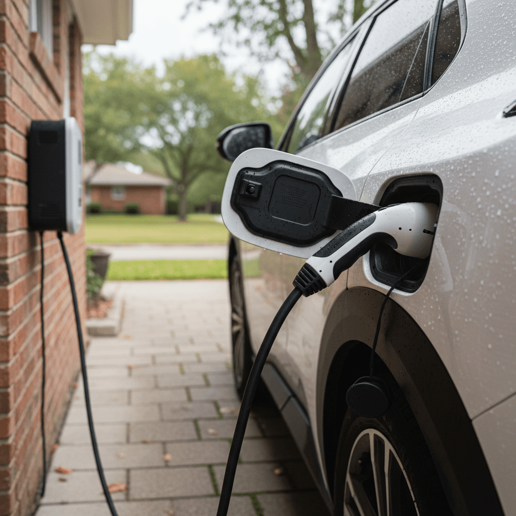 Toyota bZ4X charge port connected to a Level 2 home wallbox in a driveway