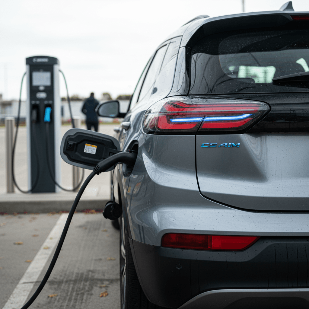 A 2023 Chevrolet Bolt EUV plugged into a DC fast charger, showing its compact crossover profile and charge port area