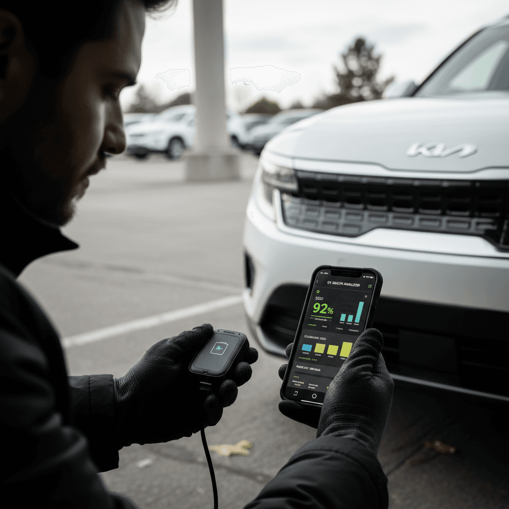 Driver in a Kia EV9 looking at battery state and range estimates on a smartphone app connected via OBD2 scanner
