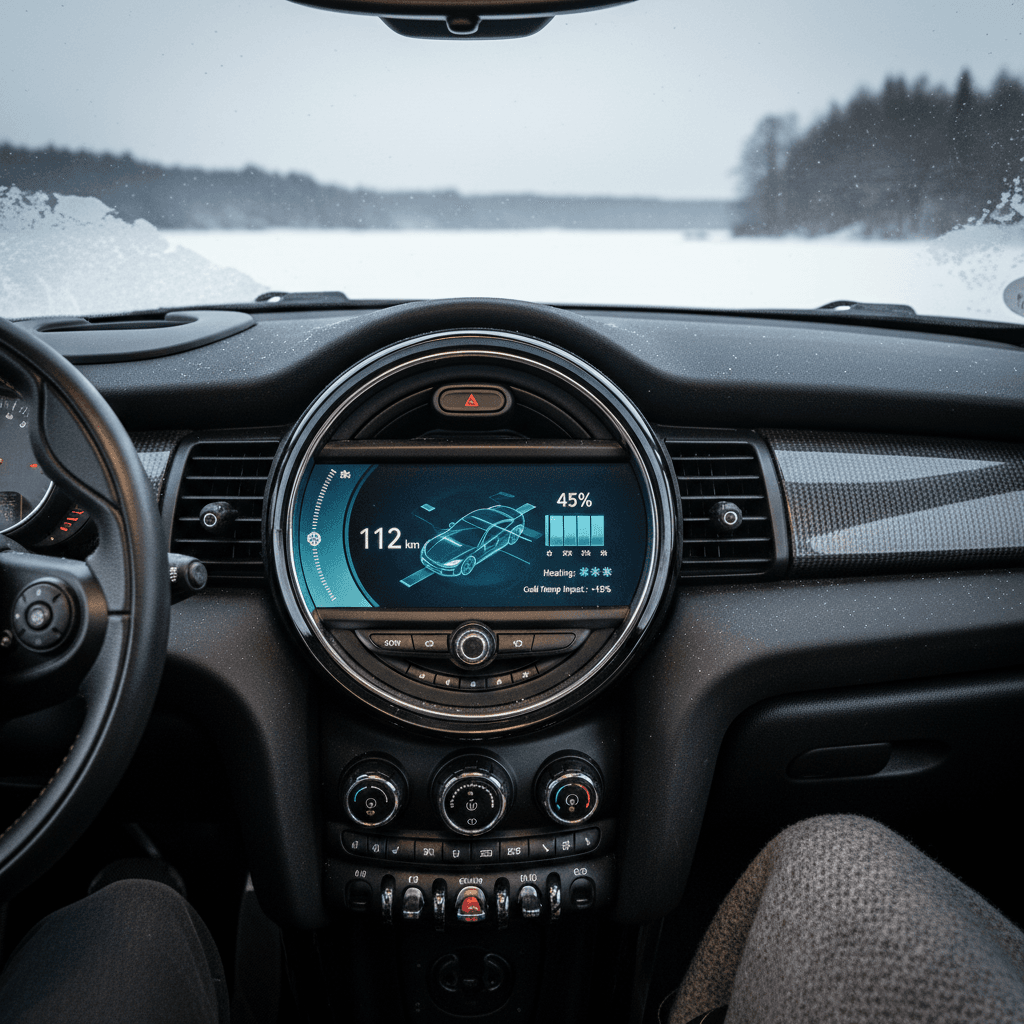Mini Cooper SE digital instrument cluster showing winter energy usage and predicted range