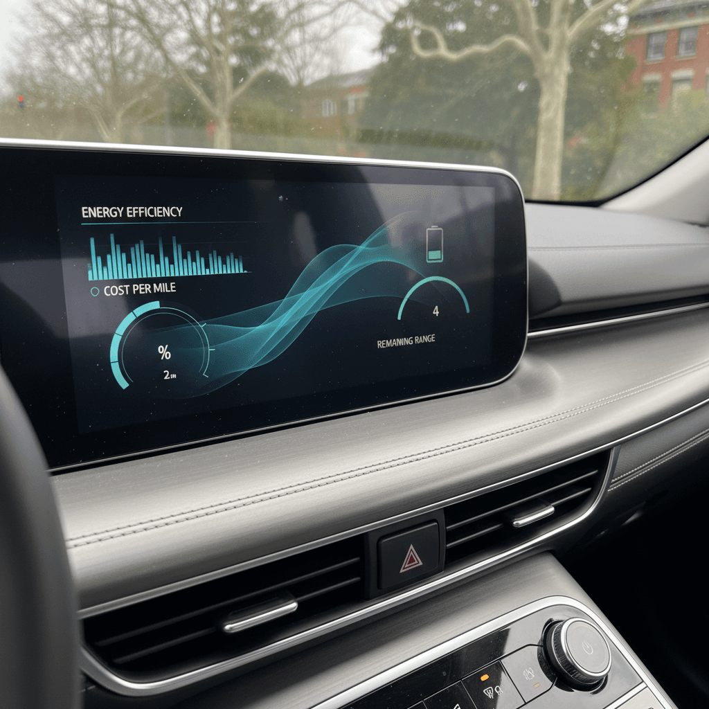 Digital EV instrument cluster showing cost per mile and remaining range for a Genesis-style electric SUV