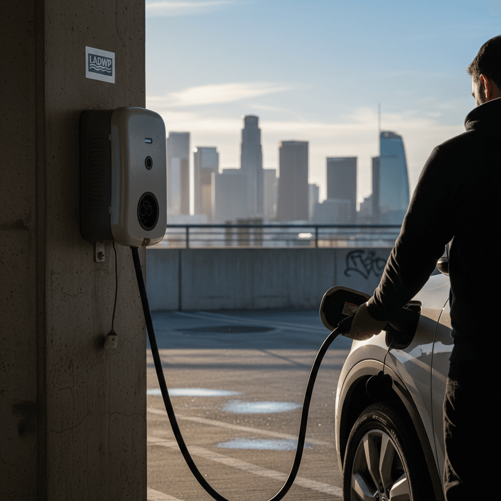 EV driver using a free Level 2 charger in a Los Angeles public parking garage