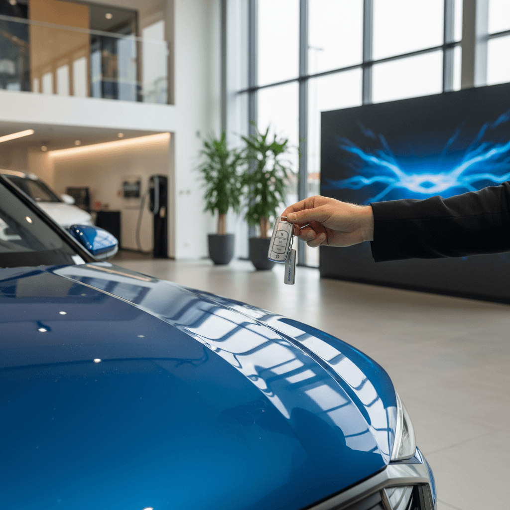Seller handing keys of a used Audi Q8 e-tron to a buyer inside a bright EV-focused showroom