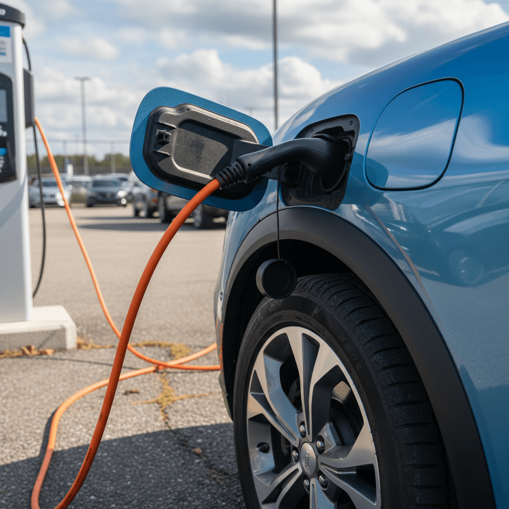 Close-up of a used Ford Mustang Mach-E plugged into a public fast charger, highlighting the CCS charging port and wheel.