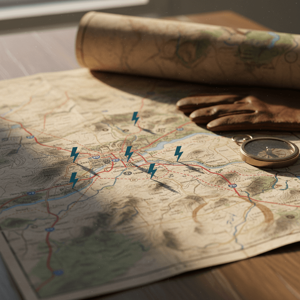 Two electric cars charging at public Level 2 charging stations in a Baltimore city parking lot