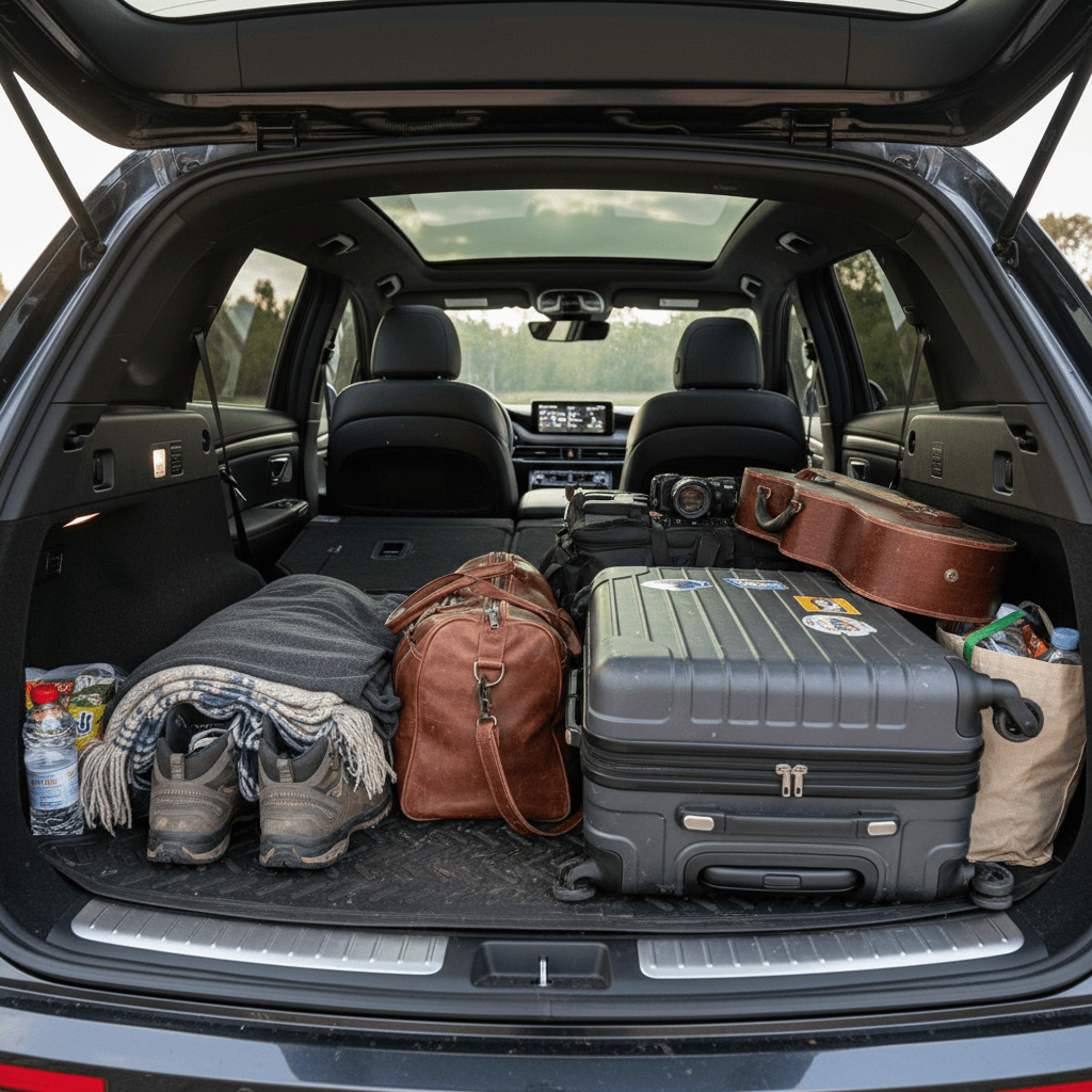 Genesis Electrified GV70 cargo area with both rear seatbacks folded flat to create an extended load floor