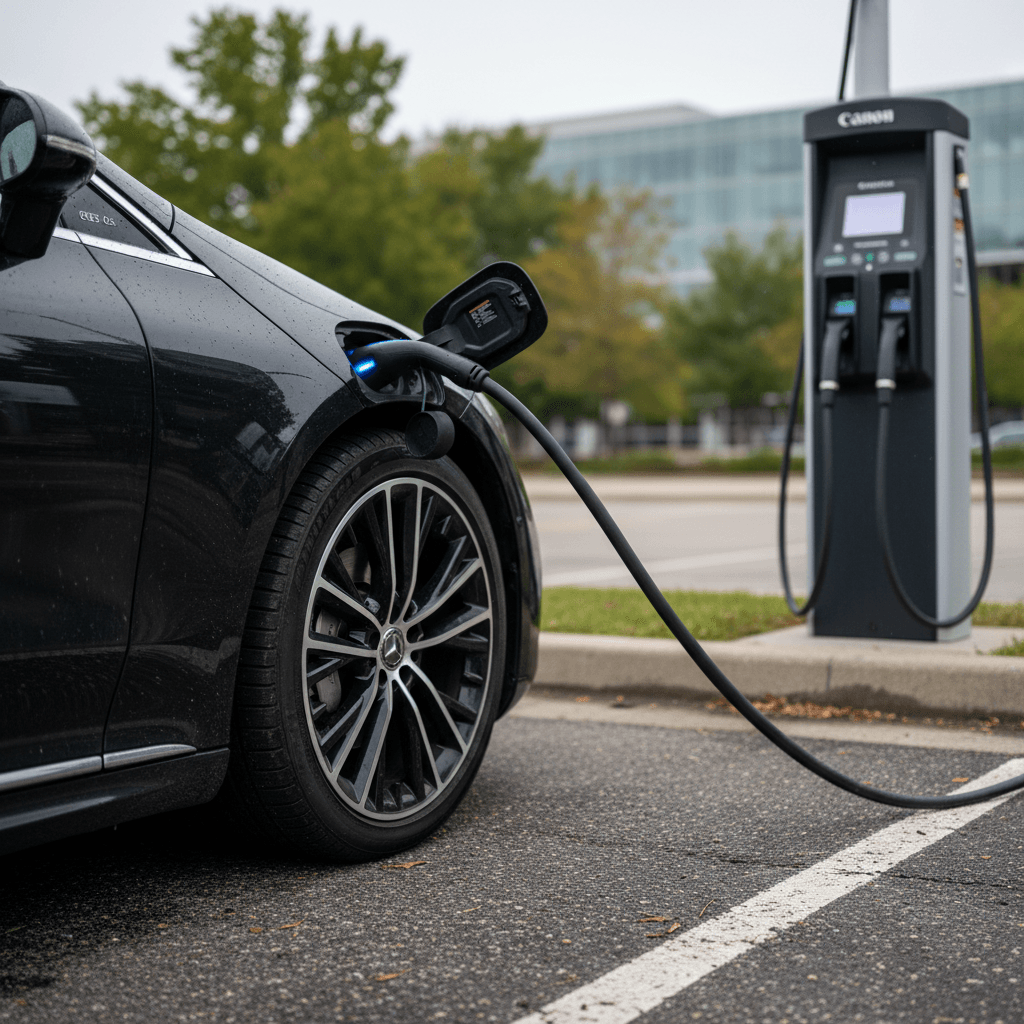 2023 Mercedes EQS sedan plugged into a DC fast charger, close-up of charge port and wheel