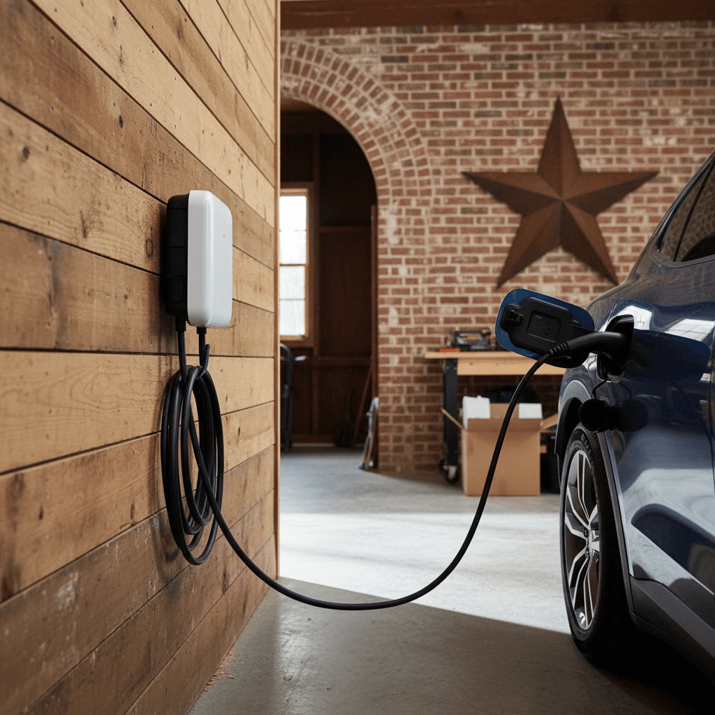Electric vehicle plugged into a Level 2 wall charger in a Texas-style home garage