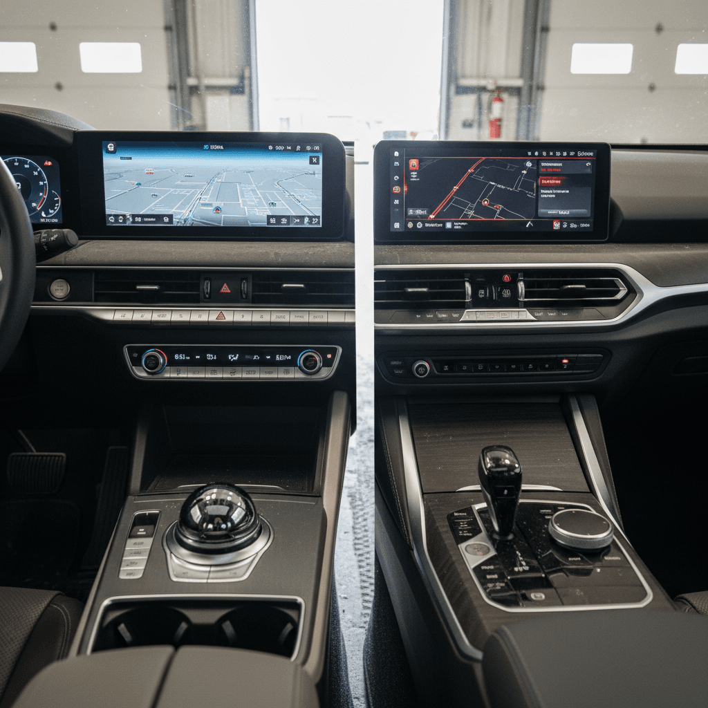 Side-by-side view of Genesis GV60 and BMW i4 interiors showing digital dashboards and seating