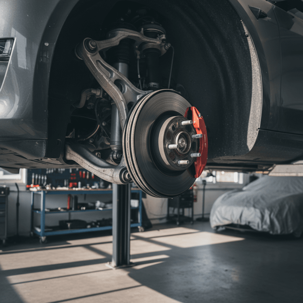 Tesla Model 3 on a lift with the front suspension visible for inspection