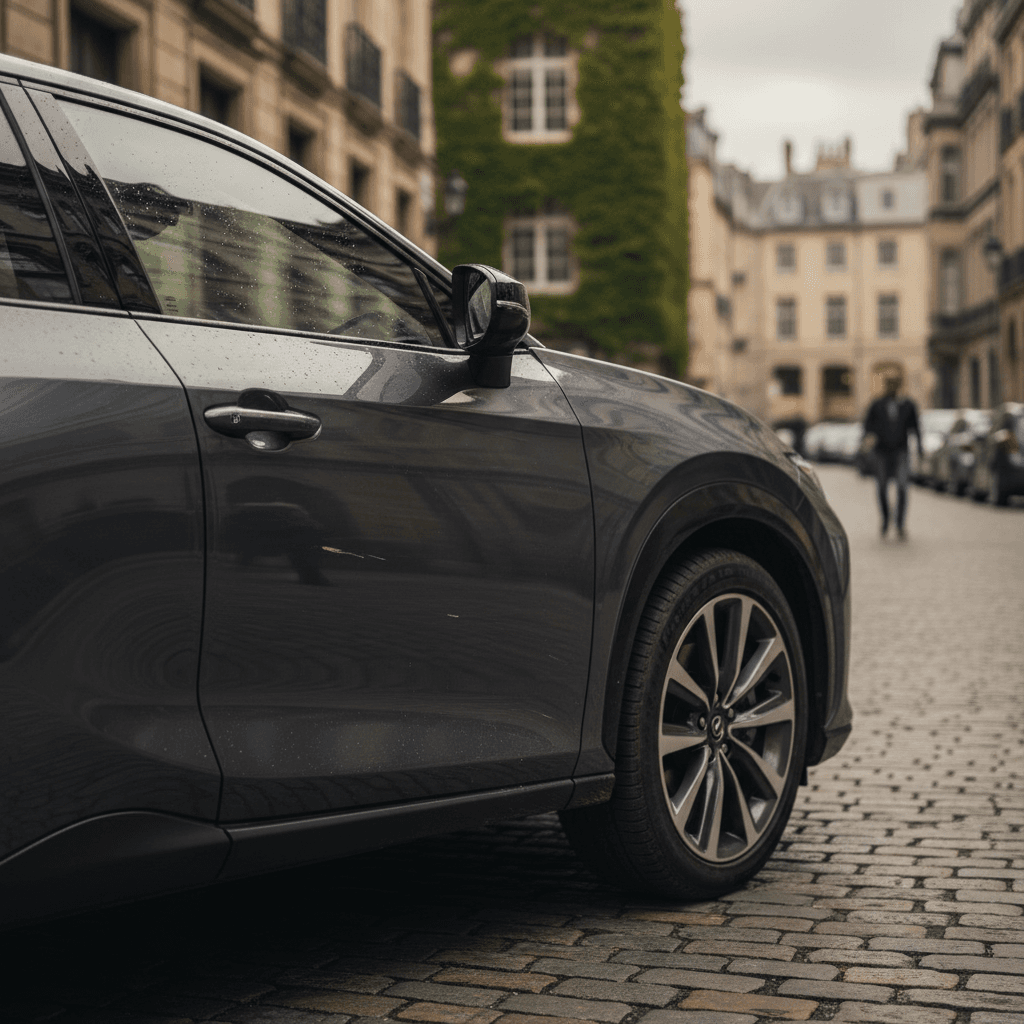 Lexus RZ electric SUV parked near a modern building