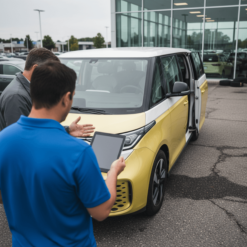 Owner discussing trade-in appraisal for a Volkswagen ID. Buzz with an EV specialist on a lot