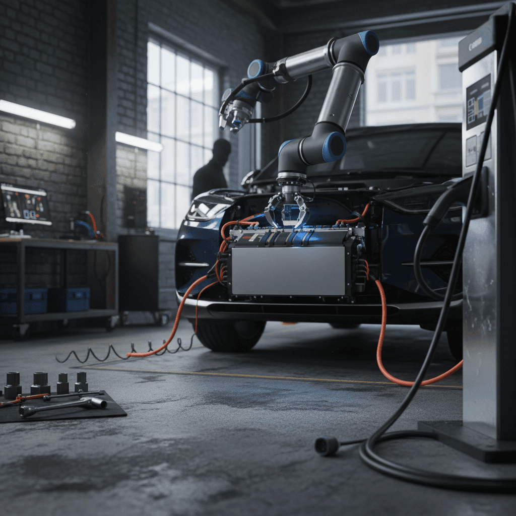 Mechanic inspecting the undercarriage of an electric car on a lift in an auto shop