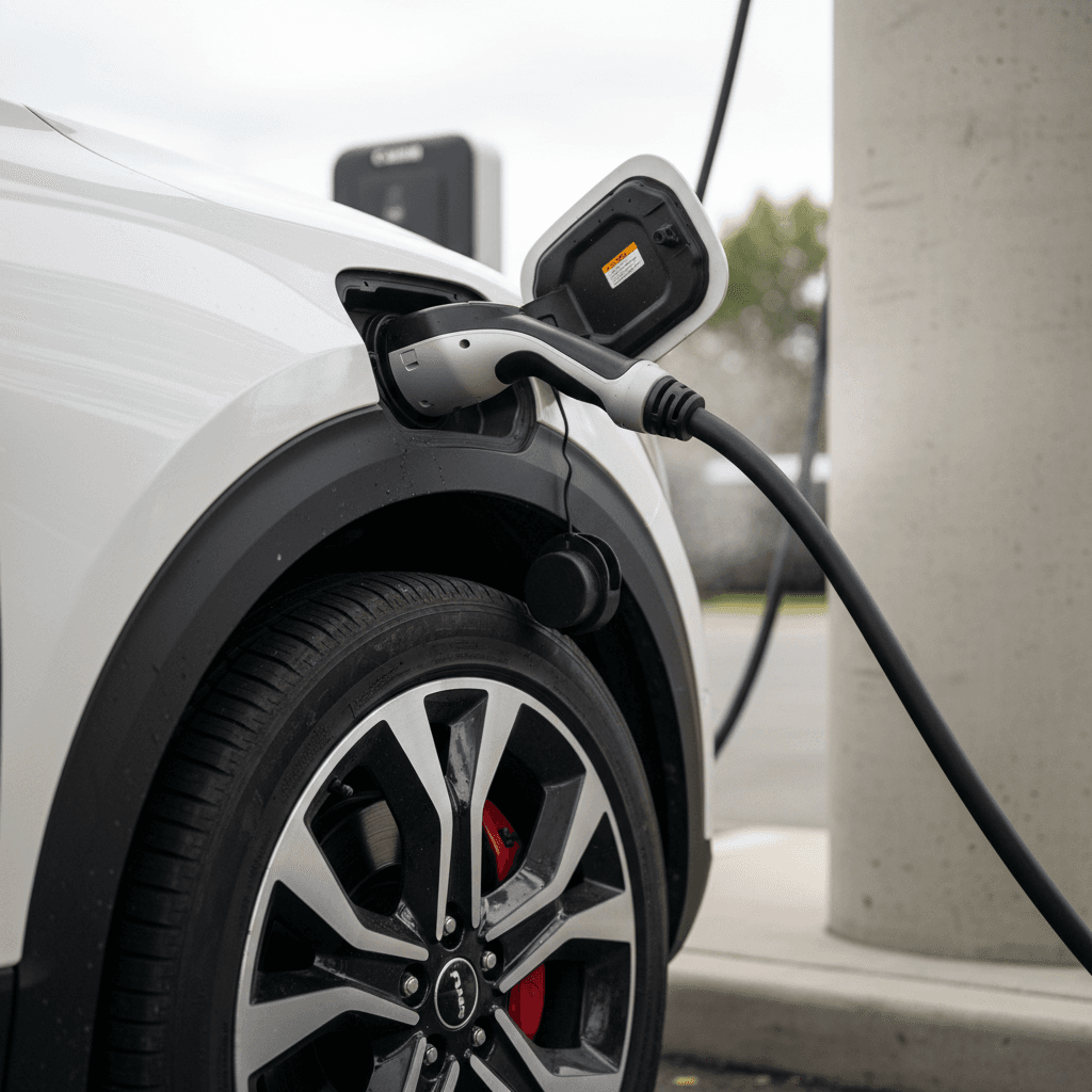 Kia EV9 plugged into a public DC fast charger, highlighting charging port and wheel