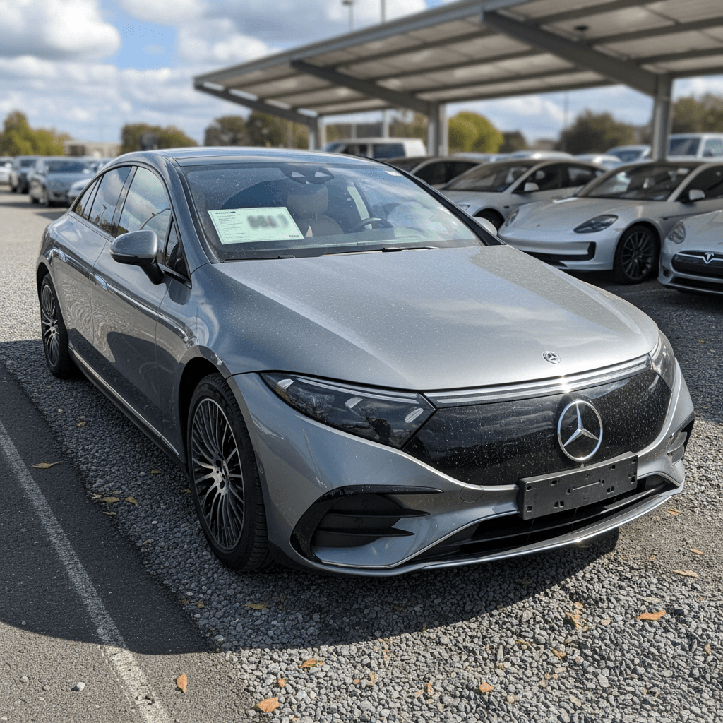 Row of used Mercedes EQE sedans parked at a dealer lot with price stickers on the windshields