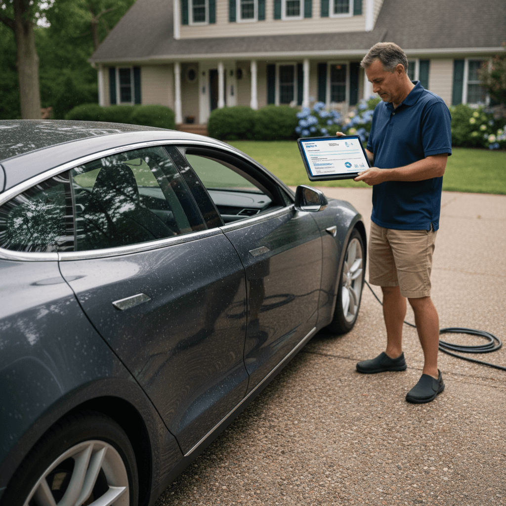 Tesla Model S parked in a suburban driveway while owner reviews insurance options on a tablet