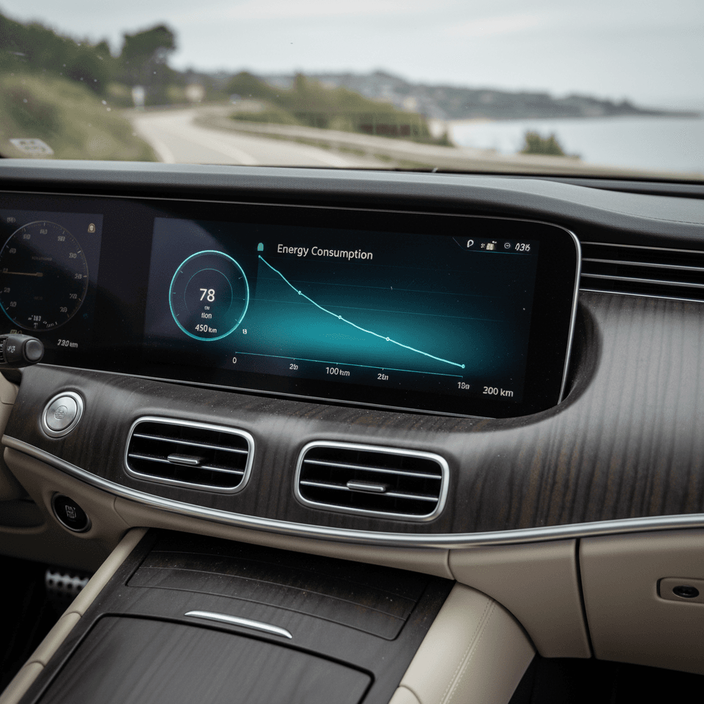 Digital instrument cluster inside a Mercedes EQS showing remaining range, battery state of charge, and energy consumption data while driving