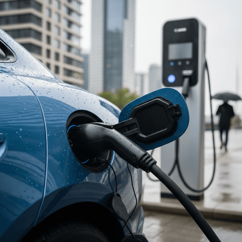 Close-up of a Porsche Taycan plugged into a DC fast charger at a public station