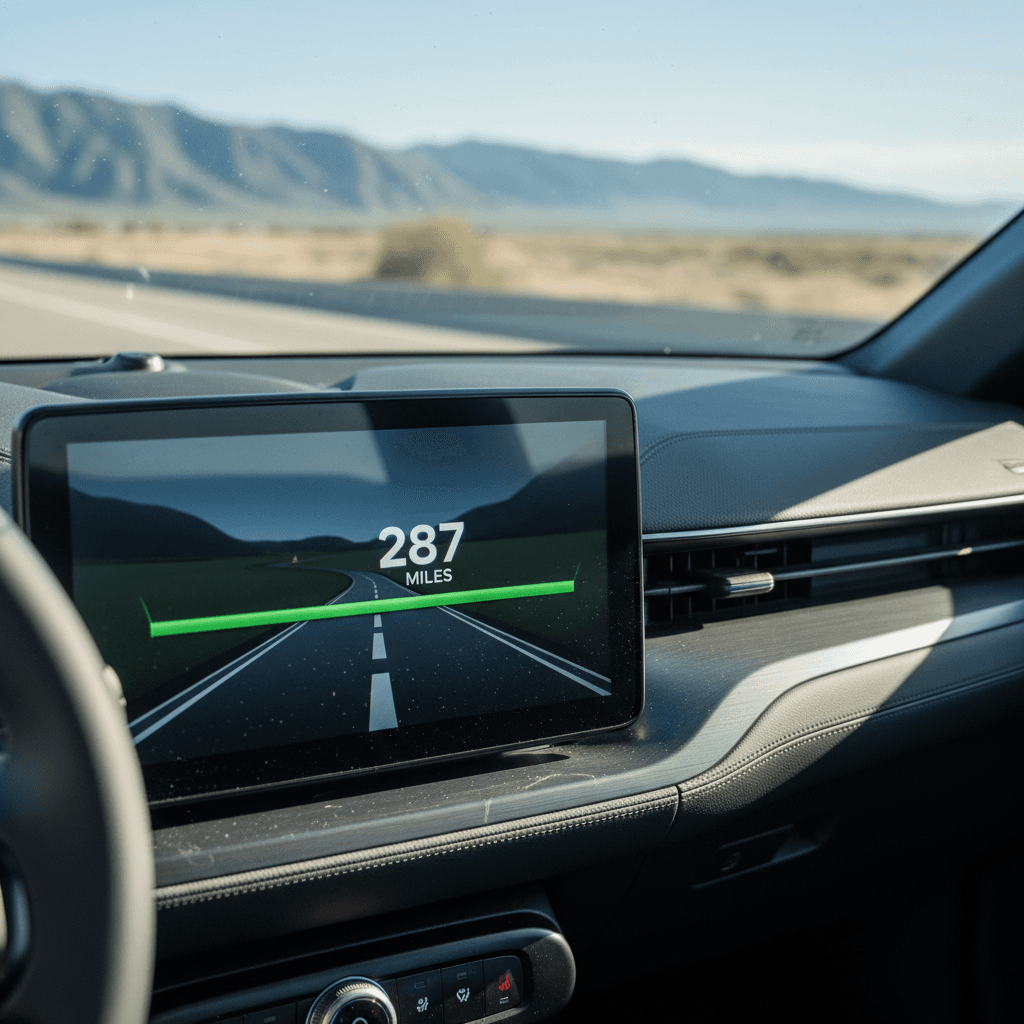 Ford Mustang Mach‑E digital cluster showing range estimate and energy consumption during highway driving