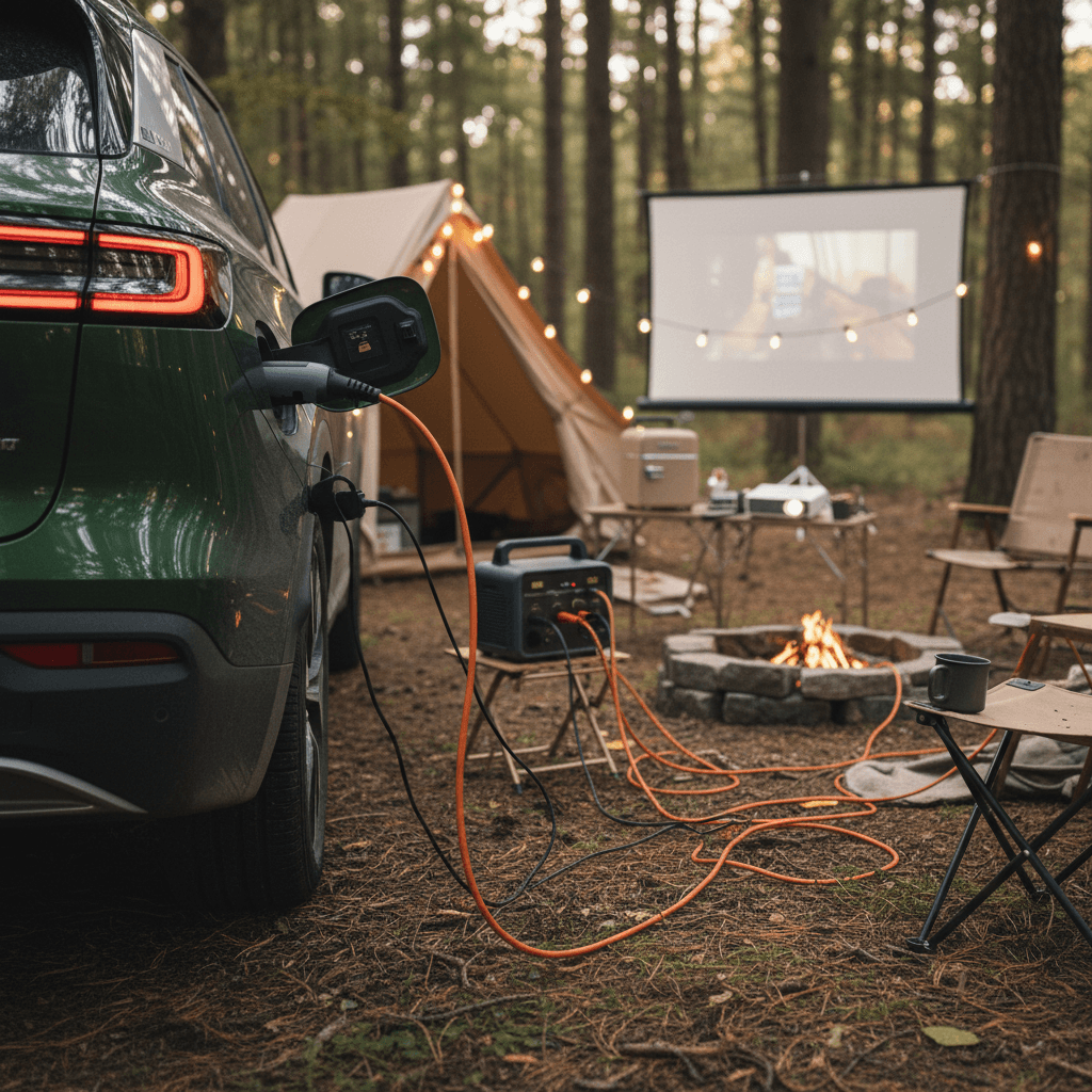 Electric vehicle using a vehicle-to-load adapter to power a campsite with lights and small appliances