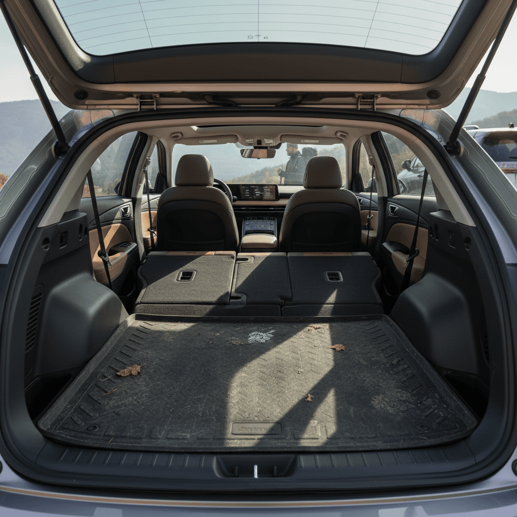 Hyundai Ioniq 5 interior with flat floor and rear seats folded, highlighting cargo flexibility compared with a typical compact SUV like the Toyota RAV4
