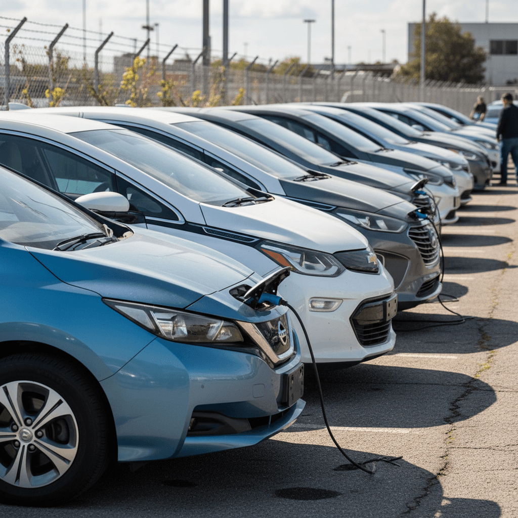 Compact electric car charging in a suburban driveway, representing an affordable EV daily driver