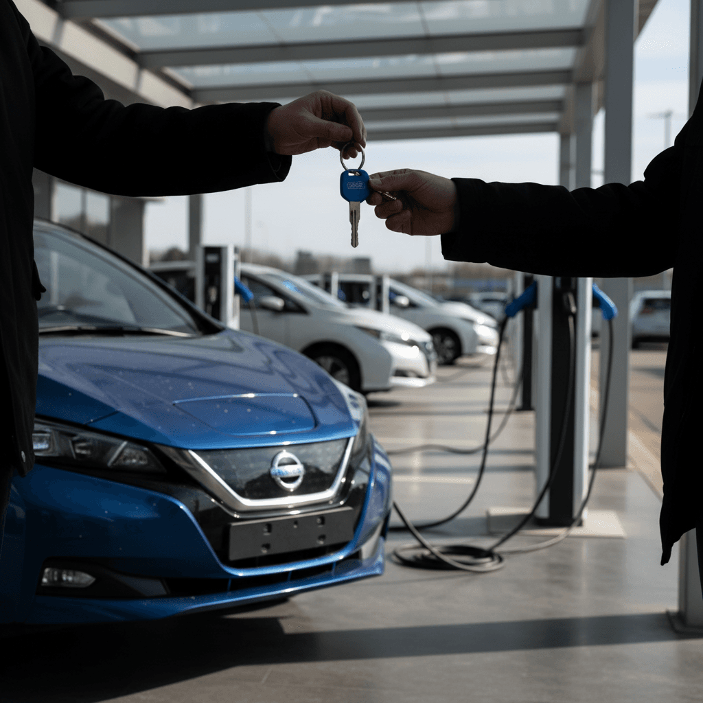 Seller and buyer completing paperwork for a used Nissan Leaf sale at a dealership with EV chargers in the background