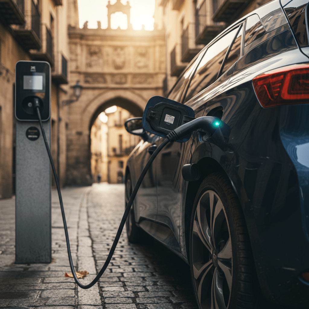 Compact European-built electric hatchback plugged into a curbside charger on a narrow cobblestone street