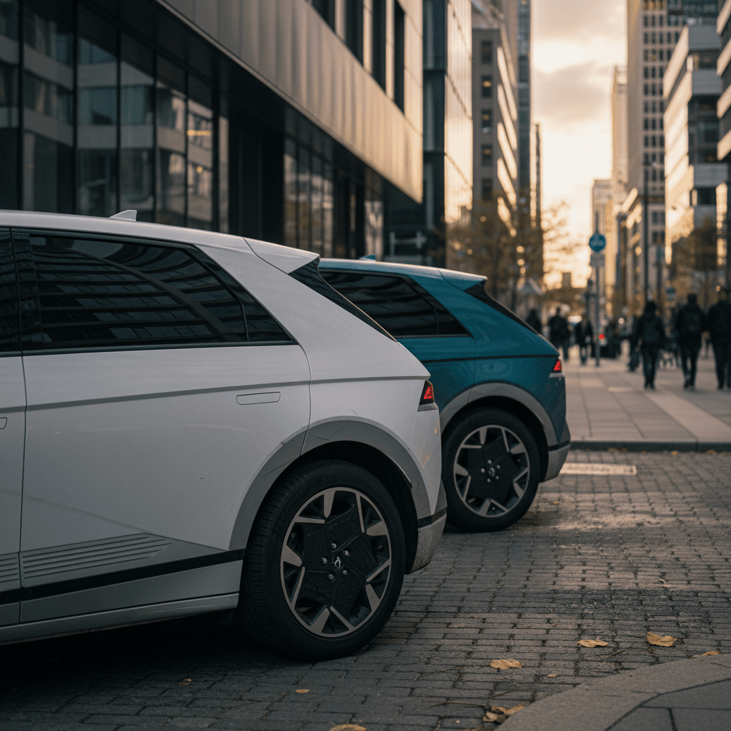 Two Hyundai Ioniq 5 SUVs in Atlas White and Digital Teal parked in a modern city setting, highlighting color contrast