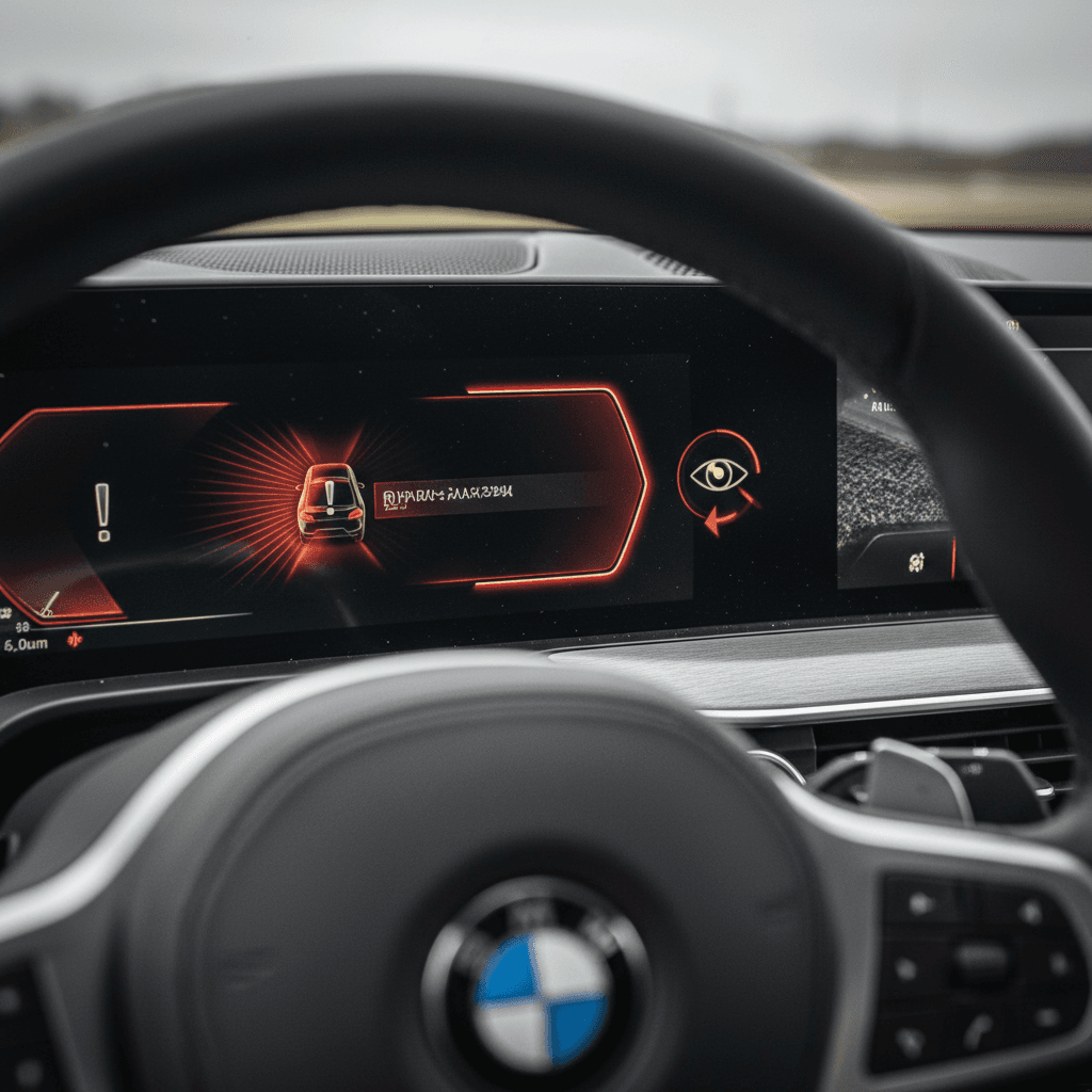BMW i5 digital display showing a yellow warning triangle and driver alert message related to electric drive system