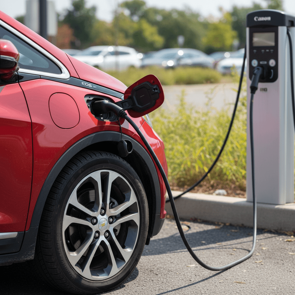 Rear three quarter view of a 2018 Chevy Bolt EV showing the charge port and hatchback design in a parking lot