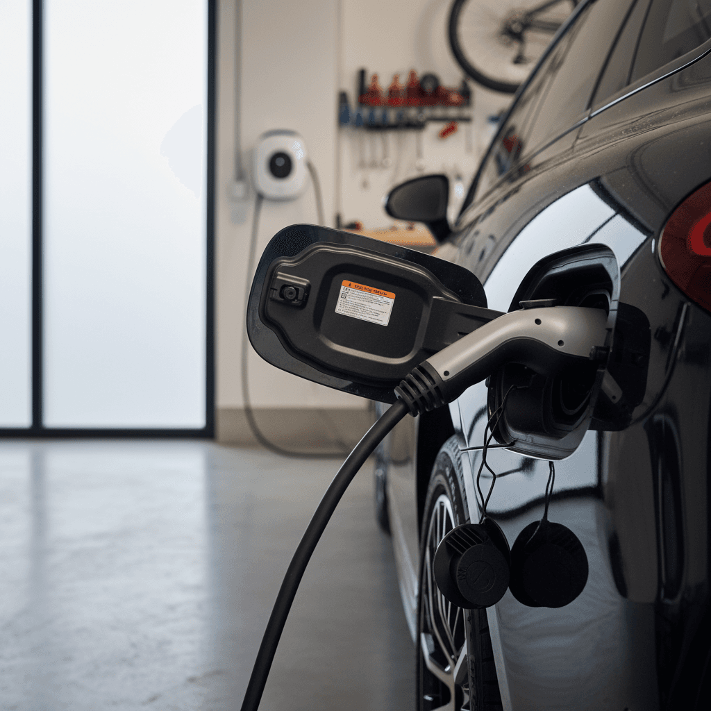 Mercedes EQS charging from a wall-mounted Level 2 home charger inside a clean residential garage