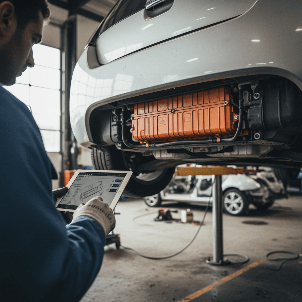 Closeup view of an electric vehicle battery pack mounted in the floor pan