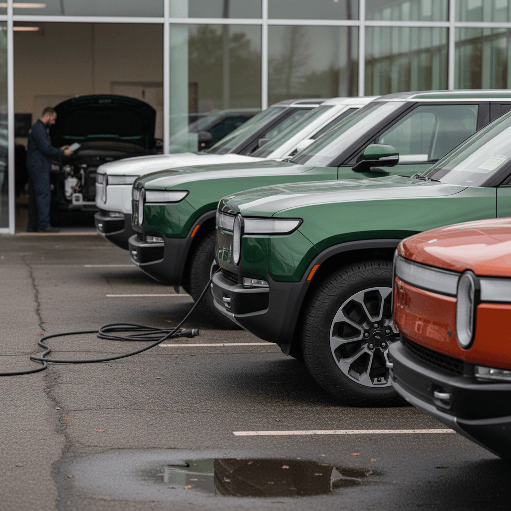 Lineup of used Rivian R1S SUVs parked at a retailer with different colors and wheels, ready for inspection