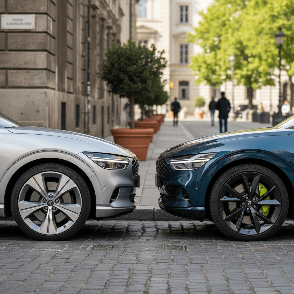 Genesis GV60 Advanced and Performance parked side by side highlighting wheel and trim differences