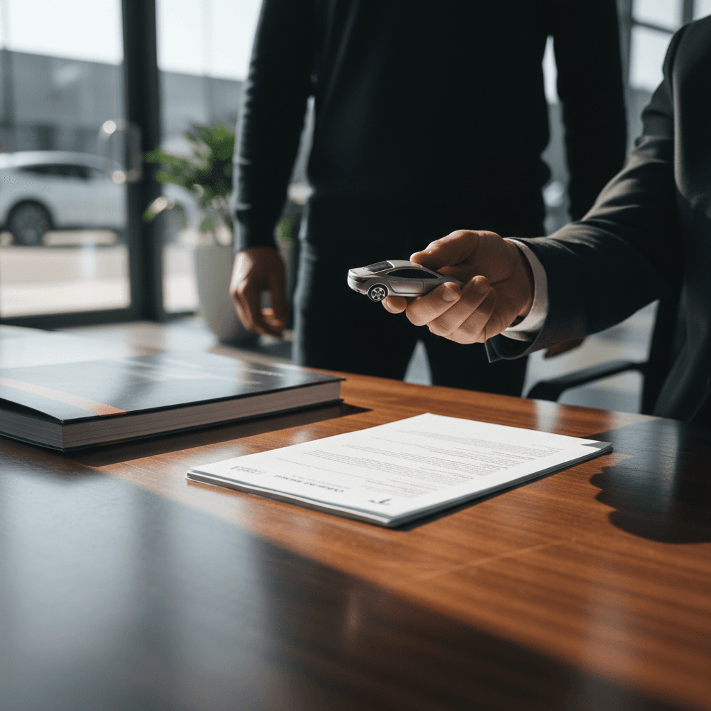 Seller and buyer reviewing a Tesla Model S battery health and pricing report at a table