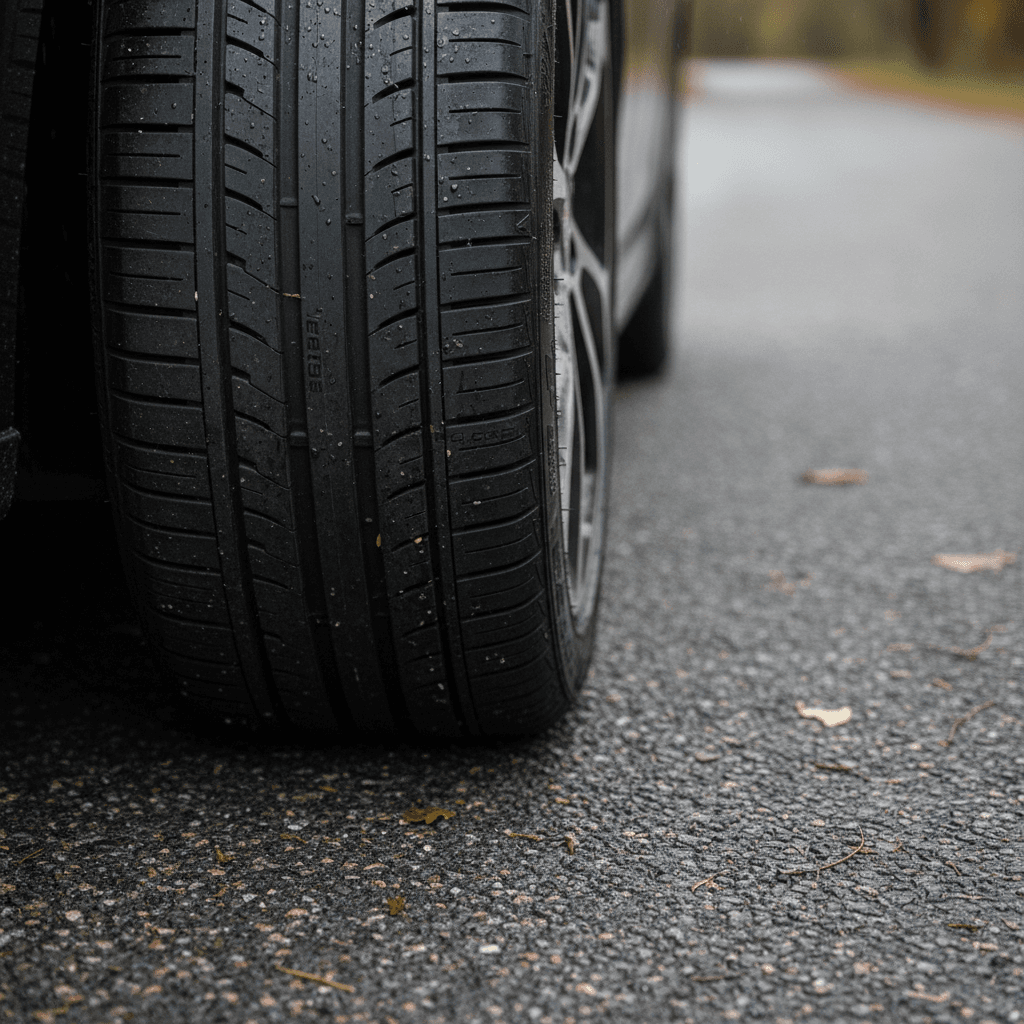 Close-up of an electric car tire rolling on asphalt, illustrating tread design that affects road noise