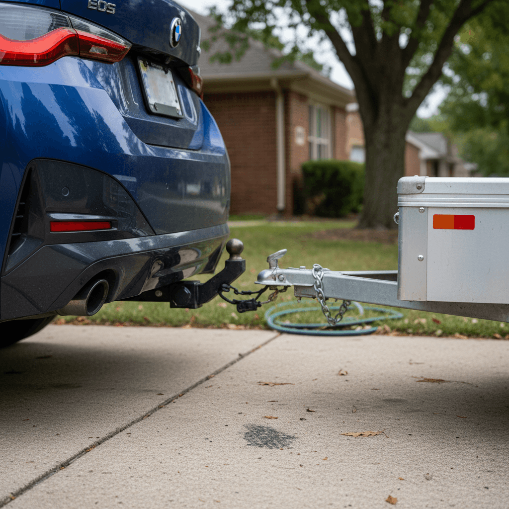 BMW i4 with a compact cargo trailer attached to a tow hitch in a driveway, illustrating light towing use