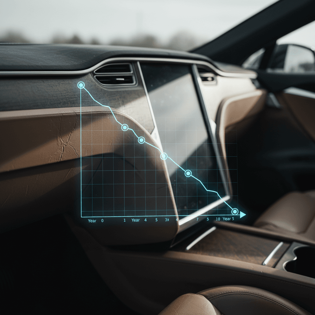 Illustrated depreciation curve showing a Tesla Model S losing value each year over a five‑year period