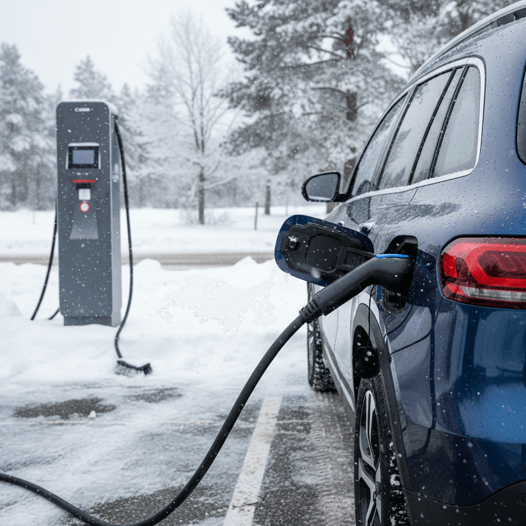 Mercedes EQB electric SUV plugged into a DC fast charger in cold weather, illustrating how temperature affects real-world range