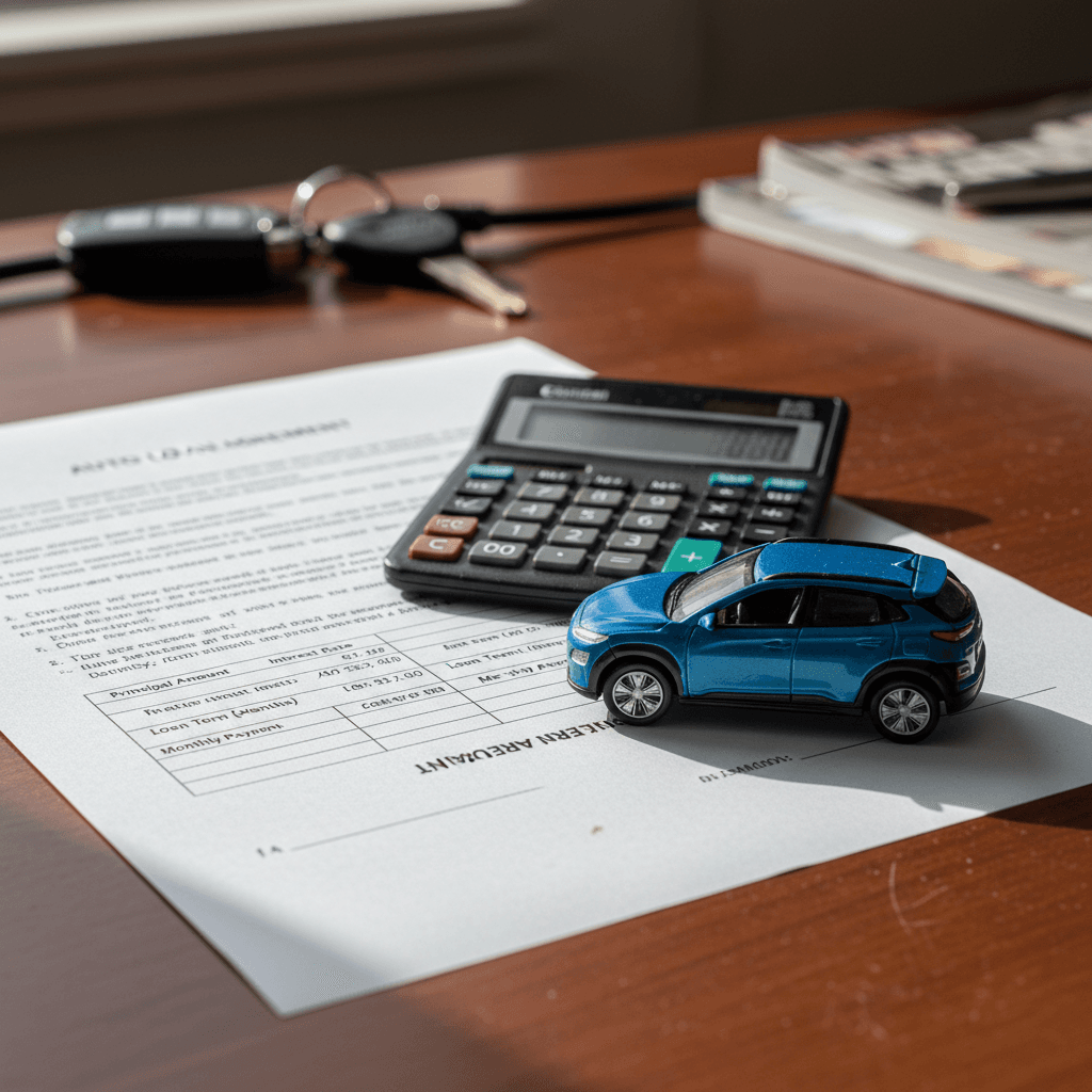 Auto loan paperwork, calculator, and a small blue electric SUV model illustrating used Hyundai Kona Electric financing