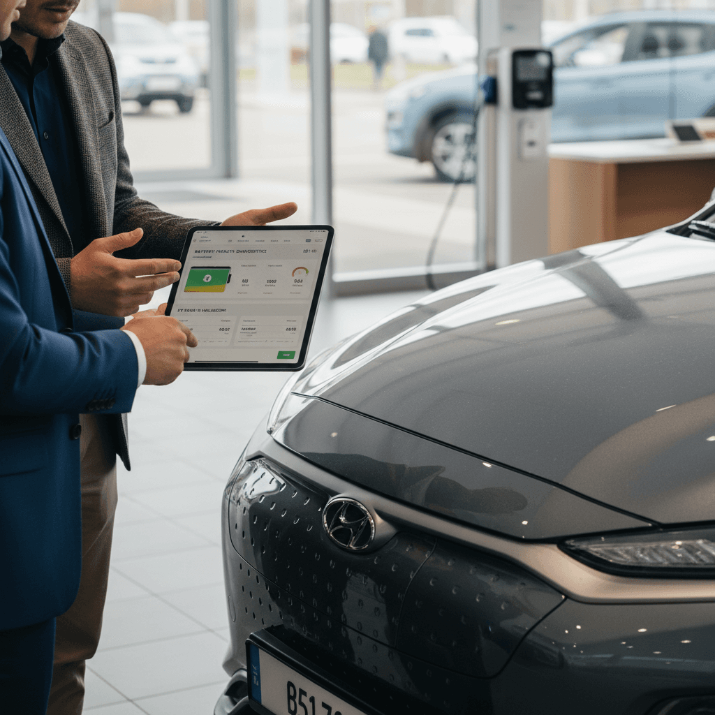 Owner reviewing a battery health report and trade-in offer for a Hyundai Kona Electric with an EV specialist