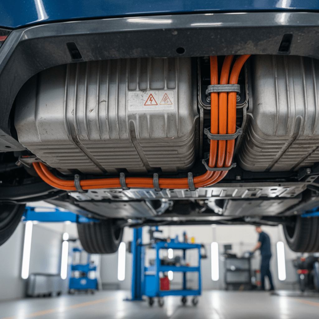 BMW iX on a service lift with technicians inspecting the high voltage battery pack and warning labels