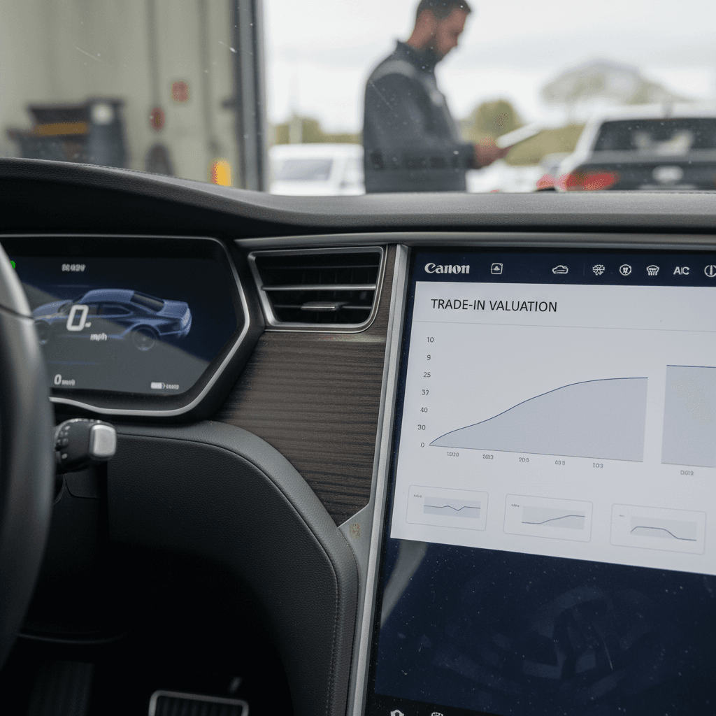 Technician reviewing a 2023 Tesla Model S trade-in appraisal with battery health and condition checklist on the screen