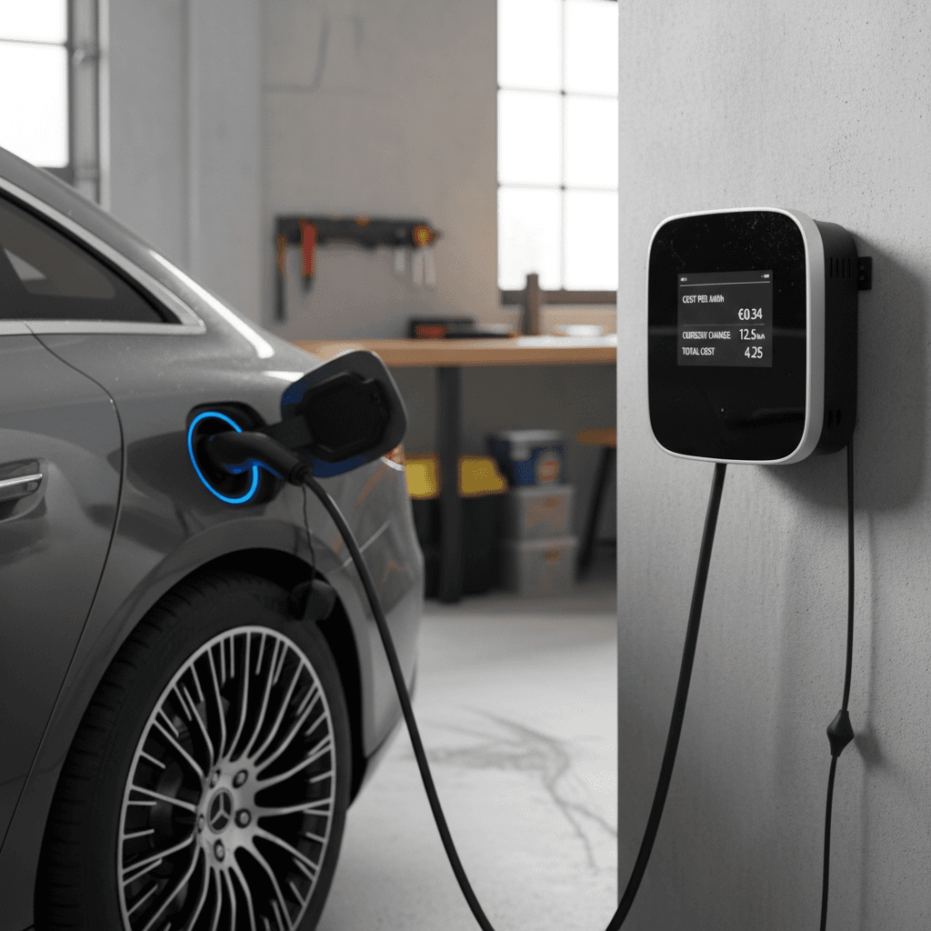 Mercedes EQS plugged into a home wallbox charger with energy usage displayed on a smart meter