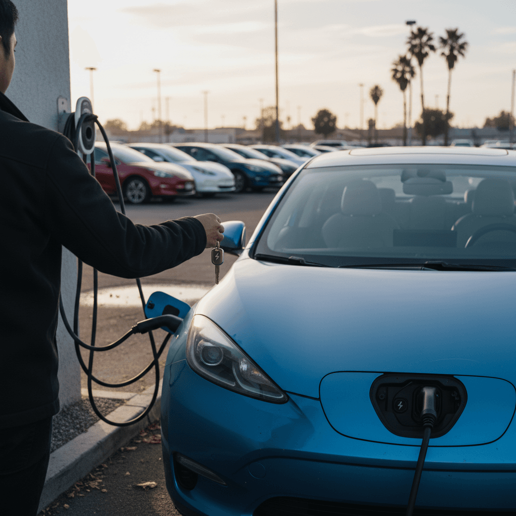 Seller and buyer completing paperwork for a used electric car at a California dealership, charging cable visible in the background