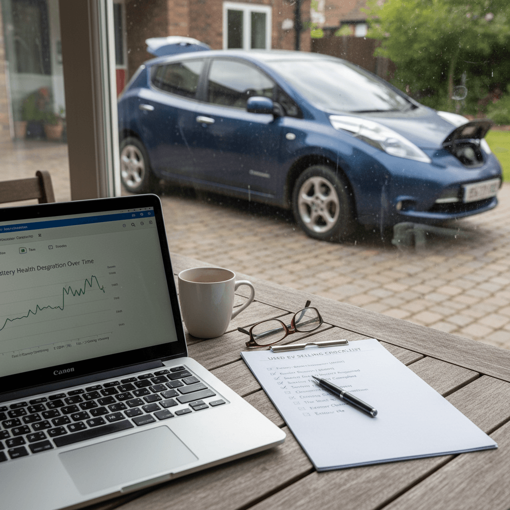 Printed EV selling checklist next to a laptop and keys with a used electric car parked in a driveway