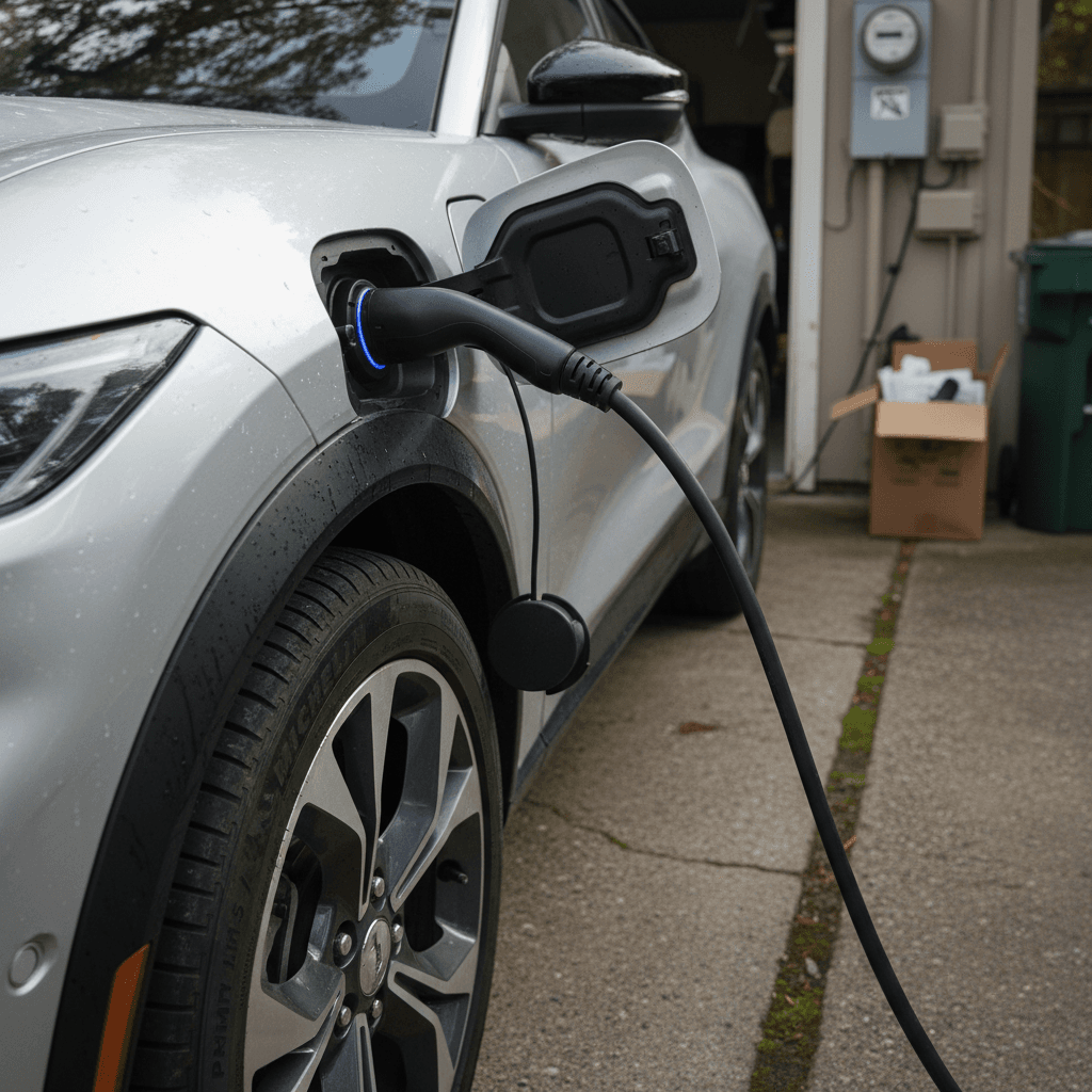Blue Ford Mustang Mach-E plugged into a Level 2 home charger on a residential driveway