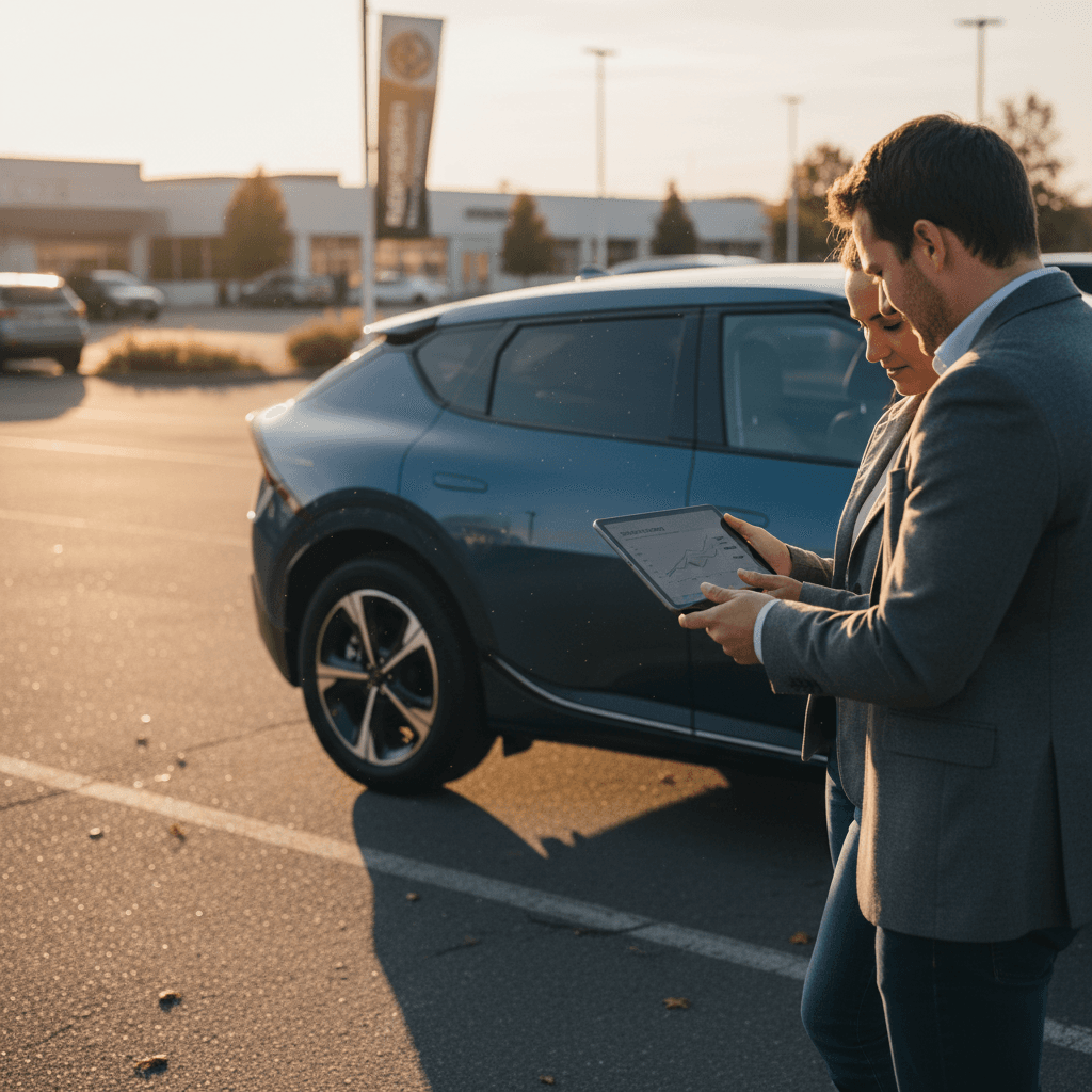 Owner reviewing a 2024 Kia EV6 trade-in offer with a salesperson using a tablet at a dealership lot